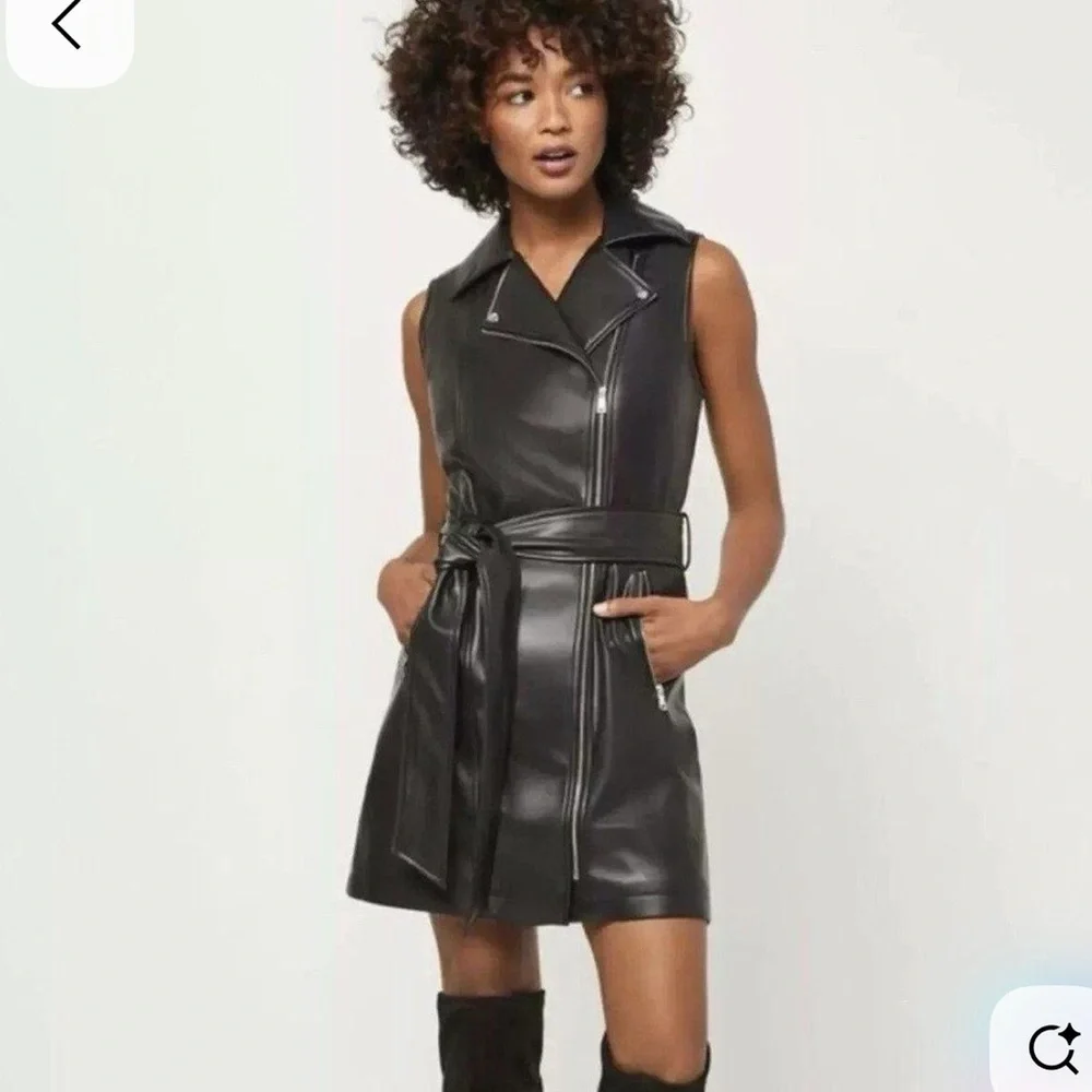 Grey faux leather moto festival sleeveless mini dress size XL sexy fun cool girl - Picture 2 of 10